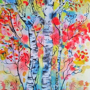 May include: Watercolor painting of a birch tree forest with colorful leaves in shades of red, yellow, blue, and green. The trees are outlined in black ink.