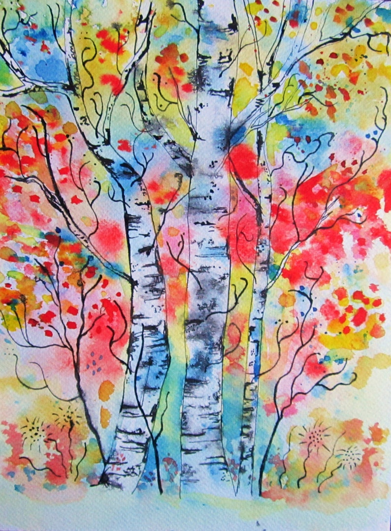 May include: Watercolor painting of a birch tree forest with colorful leaves in shades of red, yellow, blue, and green. The trees are outlined in black ink.