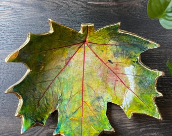 Decorative Maple Leaf Bowl, Fall Decor, Autumn Colors, Gold Trim
