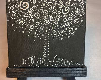 Tree of Life mini painting, black and white series 3x3 inch little art, constellation tree series #5