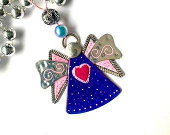 Angel ornament, artisan hand painted metal, antique style one of a kind, purple and pink with red heart A53