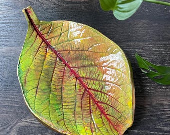 Handmade Leaf Dish, Botanical Jewelry Tray, Green and Yellow Accent Plate