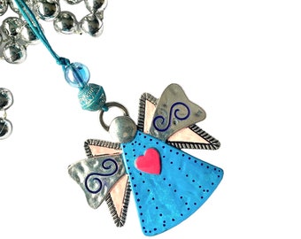 Angel ornament, artisan hand painted metal, antique style one of a kind, blue with pink wings and hot pink heart A48