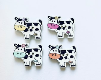 Cow magnet set,  wood  with assorted colors  4 piece set, white cows