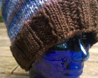 Doctor Who Blue n Brown Knitted Hat > Organic Cotton/Bamboo Brown, Wool/Acrylic Blue > Large > Med Weight Warmth