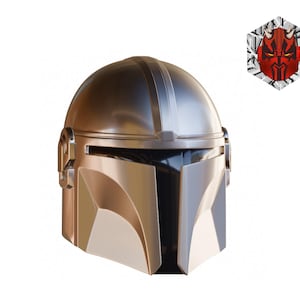 May include: A metallic silver Mandalorian helmet with a black visor. The helmet has a sleek, angular design with a rounded top and a T-shaped visor. A red and white graphic of a character's face is in the upper right corner.