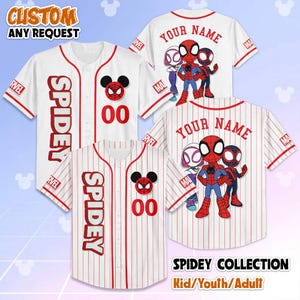 May include: White baseball jerseys with red accents and Spidey graphics. One jersey has the word "SPIDEY" vertically down the front. Another has "YOUR NAME" on the back. The jerseys feature a Mickey Mouse-inspired Spider-Man logo.