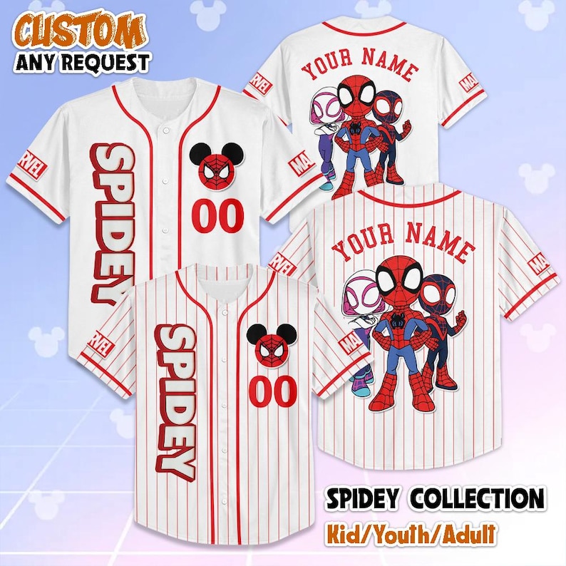 May include: White baseball jerseys with red accents and Spidey graphics. One jersey has the word "SPIDEY" vertically down the front. Another has "YOUR NAME" on the back. The jerseys feature a Mickey Mouse-inspired Spider-Man logo.