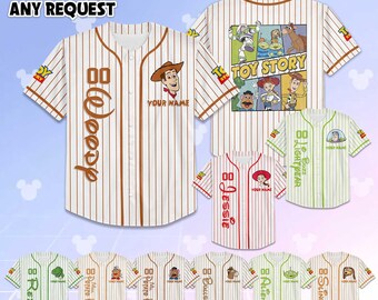 Benutzerdefinierte Toy Story Charaktere Baseballtrikot, personalisiertes Disney Woody Baseballshirt, Buzz Lightjahre Jessie Shirt