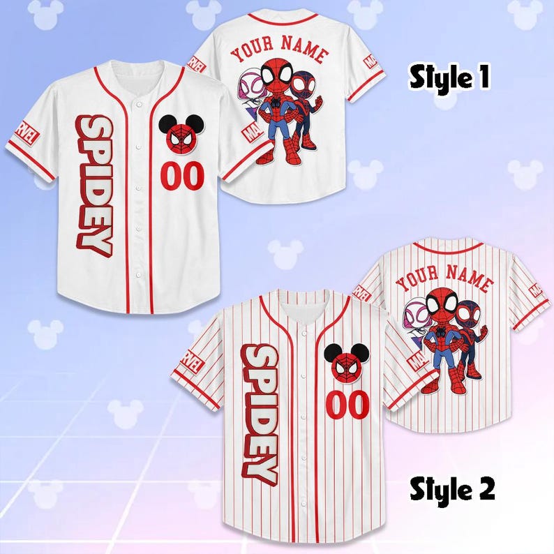 May include: White baseball jerseys with red accents and the word "SPIDEY" vertically down the front. One jersey has a Mickey Mouse-inspired Spider-Man logo and the number "00". The back of the jerseys say "YOUR NAME".