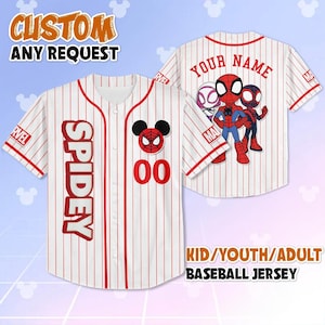 May include: White and red pinstripe baseball jersey with "SPIDEY" in red block letters. Features a Spider-Man logo with Mickey Mouse ears and the number "00". The back has a Spider-Man graphic and the text "YOUR NAME". The jersey is available in kid, youth, and adult sizes.