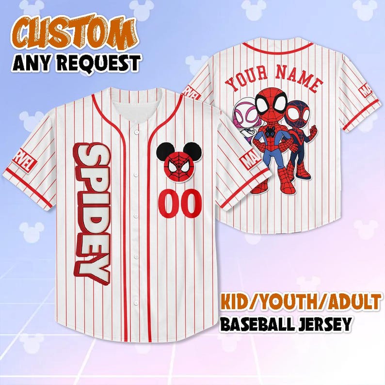 May include: White and red pinstripe baseball jersey with "SPIDEY" in red block letters. Features a Spider-Man logo with Mickey Mouse ears and the number "00". The back has a Spider-Man graphic and the text "YOUR NAME". The jersey is available in kid, youth, and adult sizes.