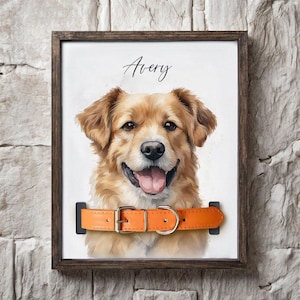 Puede incluir: Retrato enmarcado de un perro sonriente con pelaje marrón, con un collar de cuero naranja. El nombre del perro, "Avery", está escrito en cursiva encima del perro. El marco es marrón oscuro y el fondo es blanco.