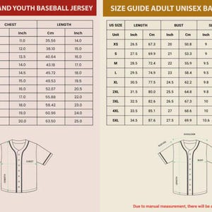 May include: Size guide for kids, youth, and adult unisex baseball jerseys. Includes chest, length, sleeve, and shoulder measurements in inches and centimeters. Diagrams of the jerseys are also included.
