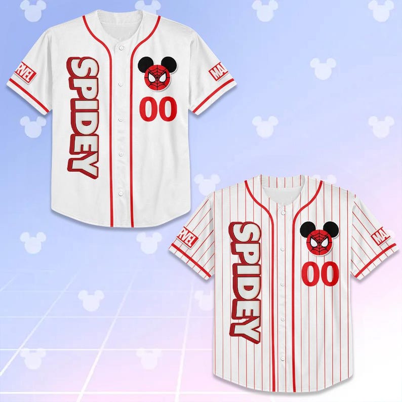 May include: Two white baseball jerseys with red accents and the word "SPIDEY" vertically down the front. One jersey has a solid white background, the other has red pinstripes. Both feature a Spider-Man Mickey Mouse emblem and the number "00".