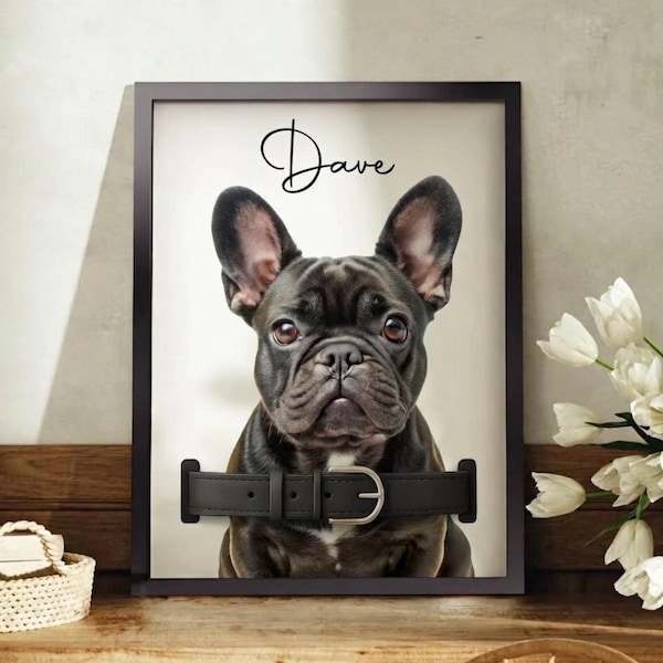 Quadro personalizado para homenagem a cães com retrato do animal de estimação e suporte para coleira.