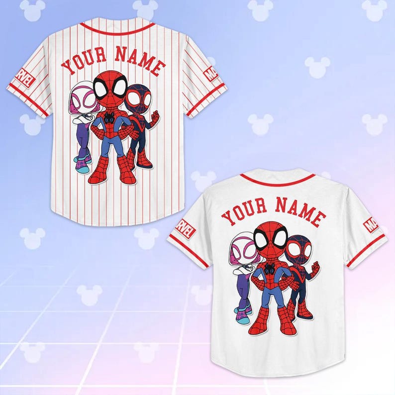 May include: Two baseball jerseys featuring Spider-Man characters. One jersey is white with red trim and pinstripes, the other is solid white. Both have "YOUR NAME" arched across the back and a Spider-Man character graphic.