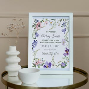 Cadeau de baptême JW personnalisable | Modèle d'impression de baptême pour les Témoins de Jéhovah | Souvenir de baptême | Fleurs | Art mural