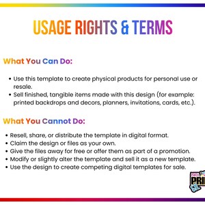 May include: A colorful graphic with the text "USAGE RIGHTS & TERMS". It outlines what users can and cannot do with a template, including creating physical products for resale, but not reselling the digital template.