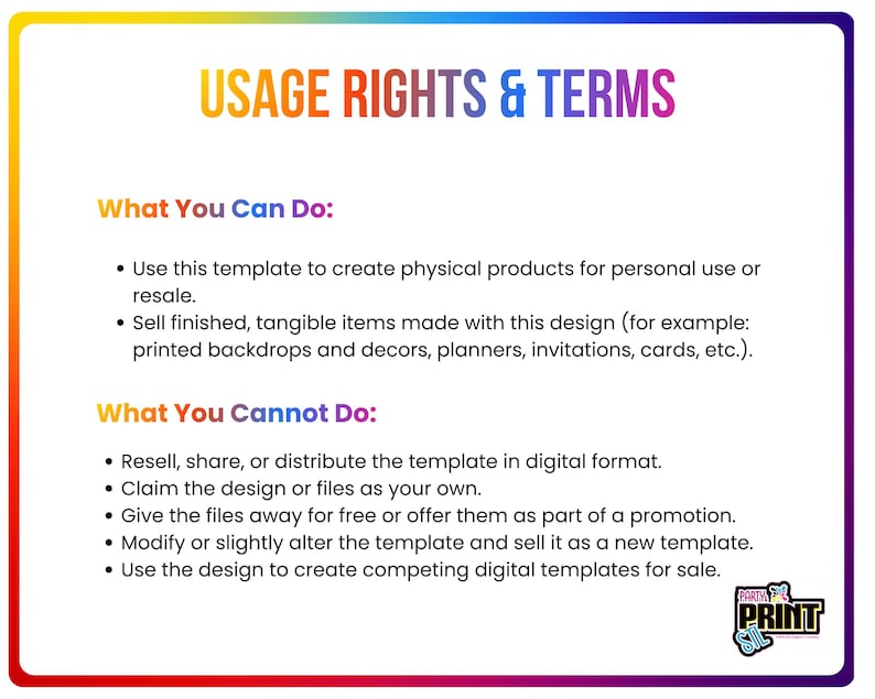 May include: A colorful graphic with the text "USAGE RIGHTS & TERMS". It outlines what users can and cannot do with a template, including creating physical products for resale, but not reselling the digital template.