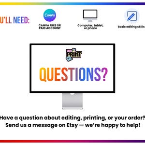 May include: A computer monitor displays the word "QUESTIONS?" in colorful text. The image includes icons for Canva, a computer, and editing skills. Text at the bottom encourages questions about editing, printing, or orders, directing users to send a message on Etsy.