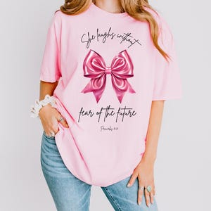 Proverbs 31:25 Coquette Bow SVG PNG JPG | She Laughs Without Fear Digital Download | Feminine Faith Wall Art | Christian Girl Scripture