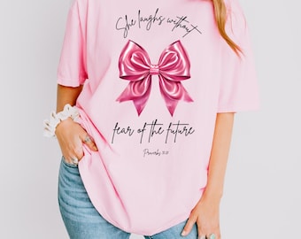 Proverbs 31:25 Coquette Bow SVG PNG JPG | She Laughs Without Fear Digital Download | Feminine Faith Wall Art | Christian Girl Scripture
