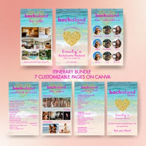 Op de afbeelding: Een bundel van zeven aanpasbare pagina's voor een vrijgezellenweekend, met een strandthema. De pagina's bevatten routebeschrijvingen, paklijsten en evenementinformatie. De tekst bevat "bachisland" en "Emily's Bachelorette Weekend".