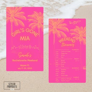 Girls Gone MIA Bachelorette-uitnodiging en reisplan, Miami Bachelorette, roze en oranje neon: bewerkbare canva-sjabloon (digitale download)
