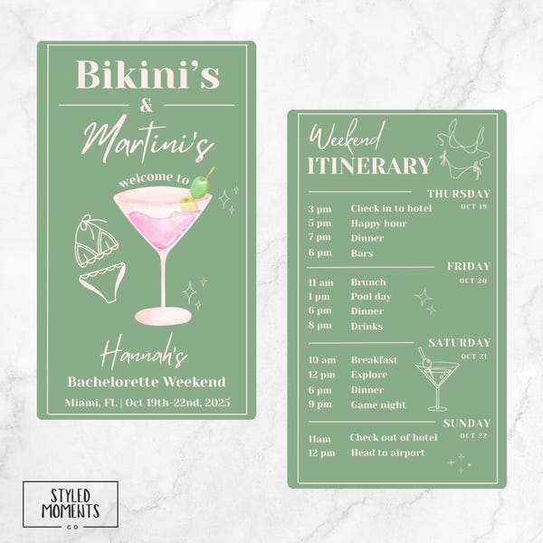 Bikini's and Martini's Bachelorette Invitation and Itinerary: Customizable Canva Template (Digital download)