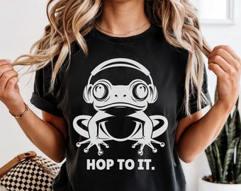 Camiseta con gráfico de rana divertida, "Salta", colores cómodos, para amantes de las ranas, anfibio, regalo para entusiastas de las ranas, auriculares de rana.