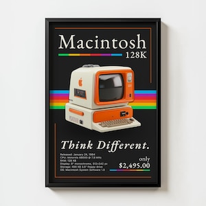 Peut inclure: Affiche encadrée d'un ordinateur Macintosh 128K vintage. L'ordinateur est crème et orange avec le logo Apple. L'affiche comprend le texte "Macintosh 128K" et "Think Different."