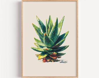 アロエベラのボタニカルプリント：ミニマルなグリーンの多肉植物のウォールアート（デジタルダウンロード、5サイズ）