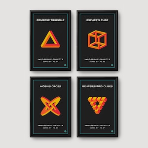 May include: Four framed art prints featuring impossible geometric shapes. Each print has a black background with a teal border and white text. The prints include a Penrose Triangle, Escher's Cube, Möbius Cross, and Reutersvärd Cubes.