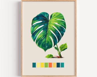 Monstera Botanical Print with Color Palette – Modern Jungle Wall Art