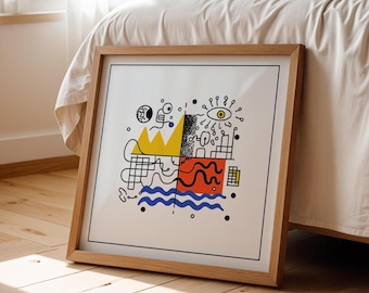 May include: A framed art print with an abstract design. The artwork features a yellow mountain, red square, blue waves, and black lines. The frame is made of light-colored wood, and the print is leaning against a bed.