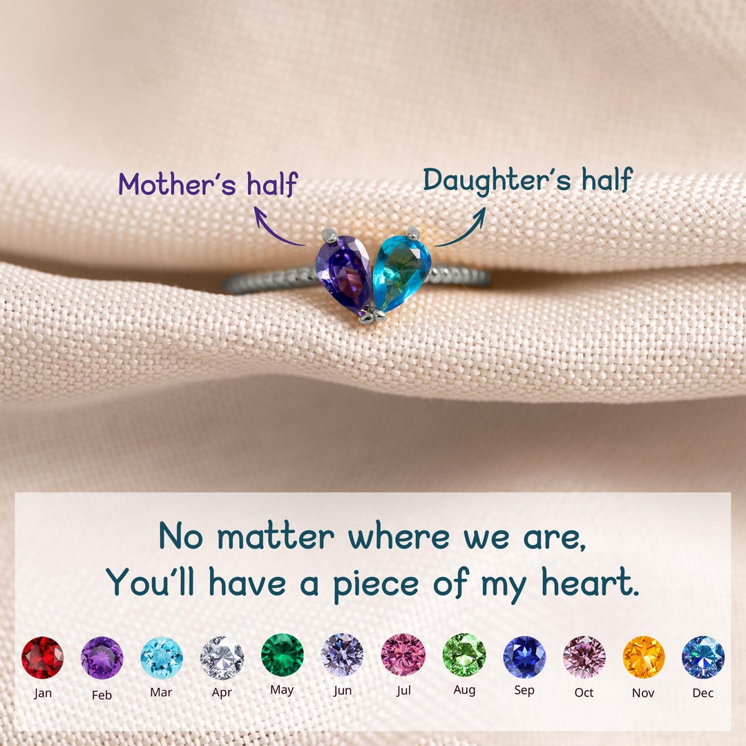 Mother Daughter Birthstone Ring: Sterling Silver Hearts, Adjustable ...