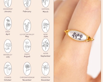 Personalisierter Geburtsblumenring: Sterlingsilber, schwarzer Achat, Familienandenken, Valentinstagsgeschenk, Muttertagsgeschenk