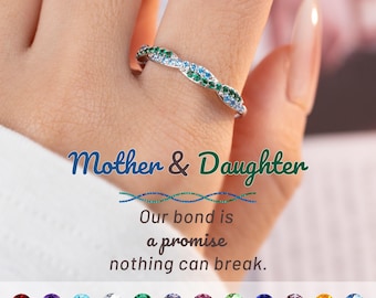 Personalized Sterling Silver Wave Ring, Double Birthstones, Mother Daughter Gift, Unique Valentine's Day Gift