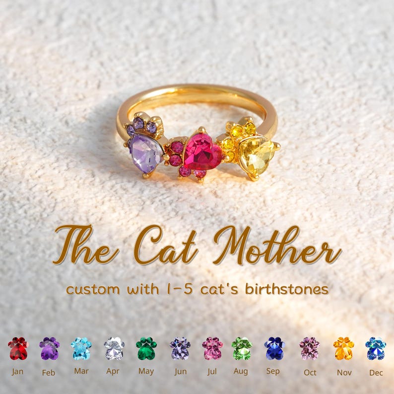 Personalized Cat Paw Birthstone Ring: Sterling Silver Pet Memorial, Valentine's Day Gift, Mother's Day Gifts image 1