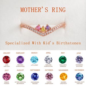 May include: A rose gold Mother's Ring with a V-shaped design, set with colourful birthstones and small clear stones. The ring features the text "MOTHER'S RING" and "Specialized With Kid's Birthstones".