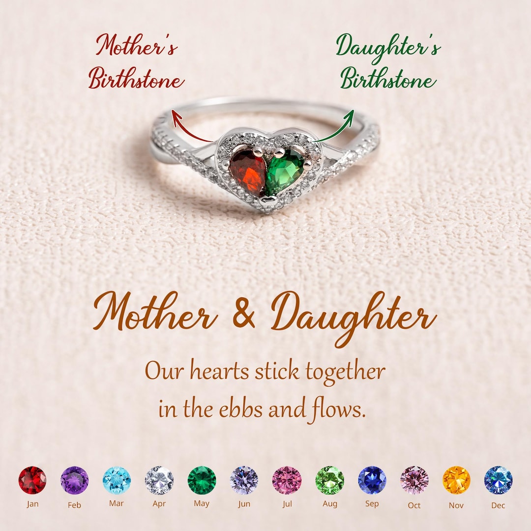 Personalized Mother Daughter Birthstone Ring: Sterling Silver Heart ...