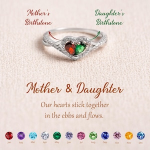 Personalized Mother Daughter Birthstone Ring: Sterling Silver Heart Jewelry, Valentine's Day Gift, Mother's Day Gifts