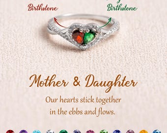Personalized Mother Daughter Birthstone Ring: Sterling Silver Heart Jewelry, Valentine's Day Gift, Mother's Day Gifts