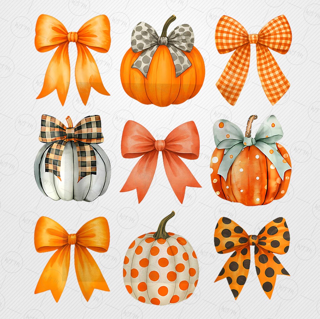 Fall Pumpkin Bow PNG Clipart Set | Watercolor Autumn Sublimation Bundle ...