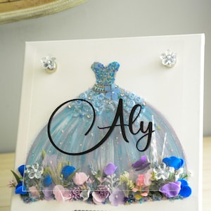 Princess 12x12 art with a gem-studded ballgown, florals & custom wood name—perfect for nursery, birthdays and girly glam rooms! Customize It