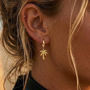 Könnte beinhalten: Ein goldener Creolen-Ohrring mit einem kleinen, hängenden Palmen-Anhänger. Der Ohrring wird im Ohrläppchen getragen, das zudem zwei weitere kleine goldene Ohrstecker aufweist. Das Schmuckstück hat eine polierte Metalloberfläche und ein feines Design.