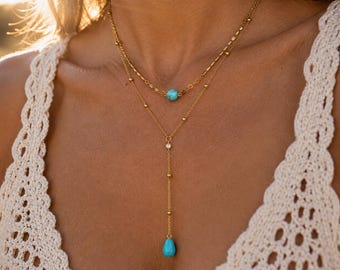 Layered Turquoise Look Lariat Necklace, 18K Gold Plated Stainless Steel Coastal Cowgirl Western Jewelry