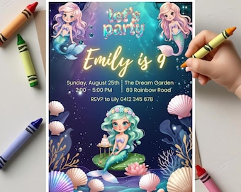 Mermaid Birthday Invitation: Under the Sea Party, Editable Canva Template (Digital Download)