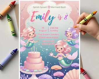 Invitación de cumpleaños de sirena: Fiesta submarina, plantilla editable de Canva (descarga digital)